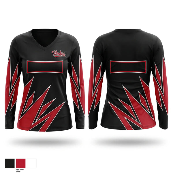 Womens Long Sleeve Vneck Shirt, Nukes, Baseball, Teamtime, Team time, sublimation, custom sports apparel, team uniforms, spirit wear, spiritwear, sports uniforms, custom shirts, team store, custom team store, fundraiser sports, apparel fundraiser