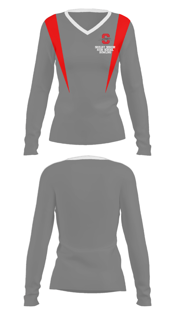 Women's Long Sleeve Vneck Shirt, Shelby Senior High School Bowling, Bowling, Teamtime, Team time, sublimation, custom sports apparel, team uniforms, spirit wear, spiritwear, sports uniforms, custom shirts, team store, custom team store, fundraiser sports, apparel fundraiser