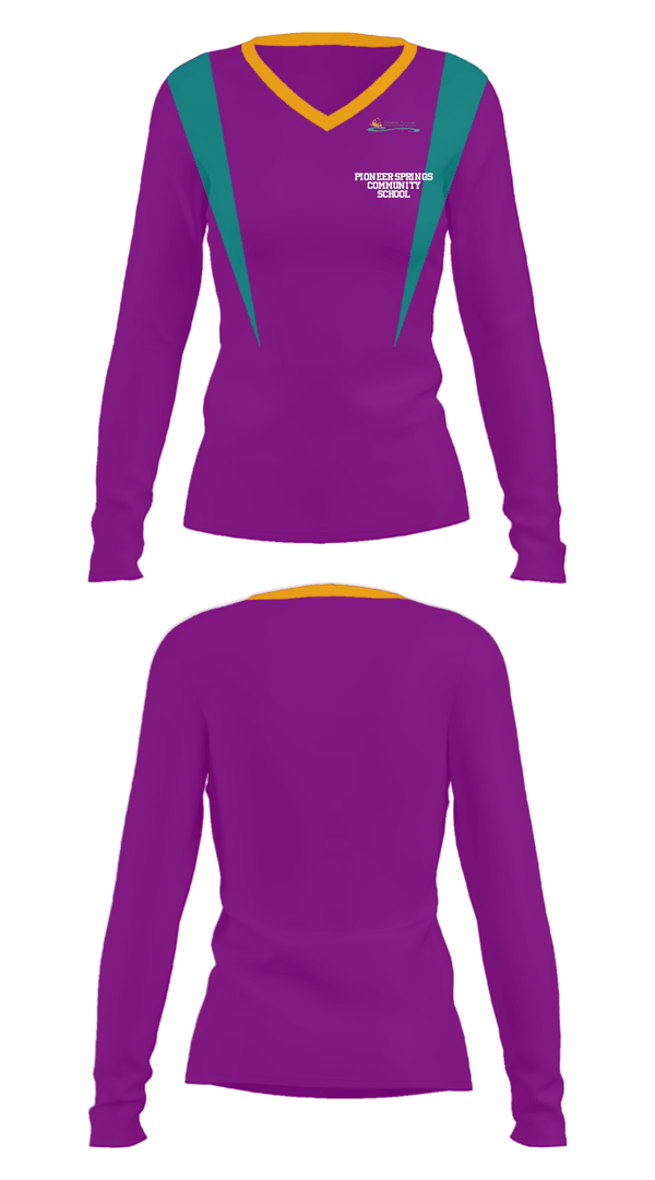 Women's Long Sleeve Vneck Shirt, Pioneer Springs Community School, Spirit Store, Teamtime, Team time, sublimation, custom sports apparel, team uniforms, spirit wear, spiritwear, sports uniforms, custom shirts, team store, custom team store, fundraiser sports, apparel fundraiser