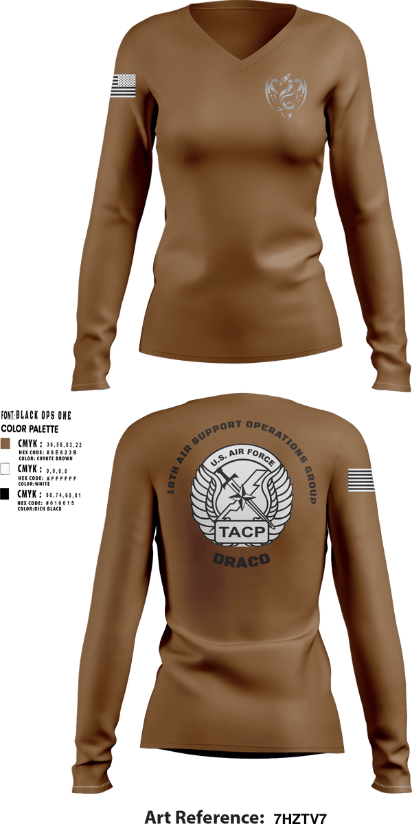 Women's Long Sleeve Vneck Shirt, 18th Air Support Operations Group, Air Force, Teamtime, Team time, sublimation, custom sports apparel, team uniforms, spirit wear, spiritwear, sports uniforms, custom shirts, team store, custom team store, fundraiser sports, apparel fundraiser