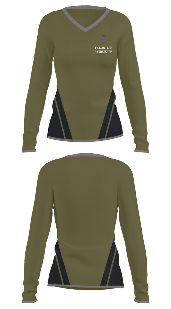 Women's Long Sleeve Vneck Shirt, A class act barbershop, , Teamtime, Team time, sublimation, custom sports apparel, team uniforms, spirit wear, spiritwear, sports uniforms, custom shirts, team store, custom team store, fundraiser sports, apparel fundraiser