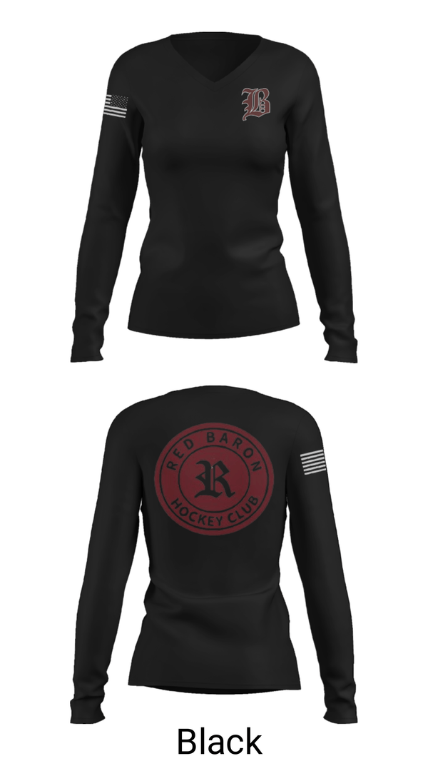 Women's Long Sleeve Vneck Shirt, Red Baron Hockey Club, Ice Hockey, Teamtime, Team time, sublimation, custom sports apparel, team uniforms, spirit wear, spiritwear, sports uniforms, custom shirts, team store, custom team store, fundraiser sports, apparel fundraiser
