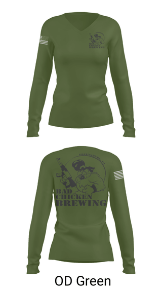 Women's Long Sleeve Vneck Shirt, Bad Chicken Brewing, Army, Teamtime, Team time, sublimation, custom sports apparel, team uniforms, spirit wear, spiritwear, sports uniforms, custom shirts, team store, custom team store, fundraiser sports, apparel fundraiser