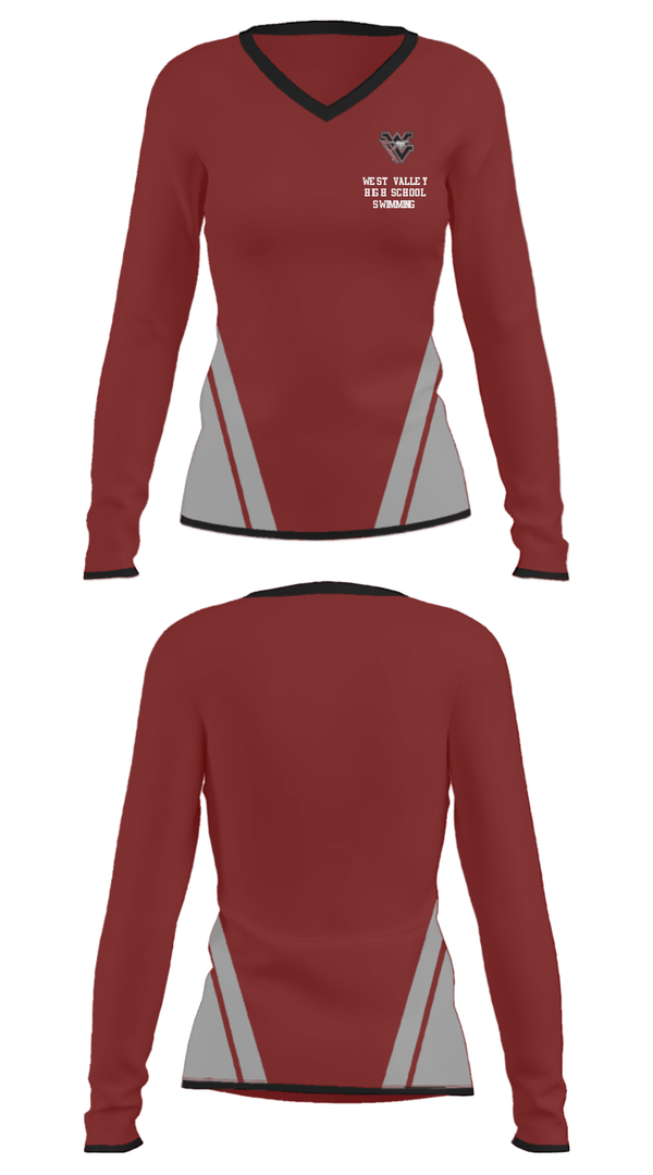 Women's Long Sleeve Vneck Shirt, West Valley High School Swimming, Swimming, Teamtime, Team time, sublimation, custom sports apparel, team uniforms, spirit wear, spiritwear, sports uniforms, custom shirts, team store, custom team store, fundraiser sports, apparel fundraiser