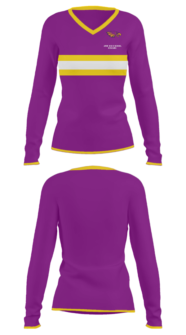 Women's Long Sleeve Vneck Shirt, Avon High School Bowling, Bowling, Teamtime, Team time, sublimation, custom sports apparel, team uniforms, spirit wear, spiritwear, sports uniforms, custom shirts, team store, custom team store, fundraiser sports, apparel fundraiser