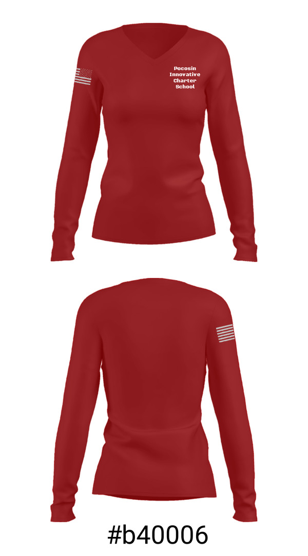 Women's Long Sleeve Vneck Shirt, Pocosin Innovative Charter School, Spirit Store, Teamtime, Team time, sublimation, custom sports apparel, team uniforms, spirit wear, spiritwear, sports uniforms, custom shirts, team store, custom team store, fundraiser sports, apparel fundraiser