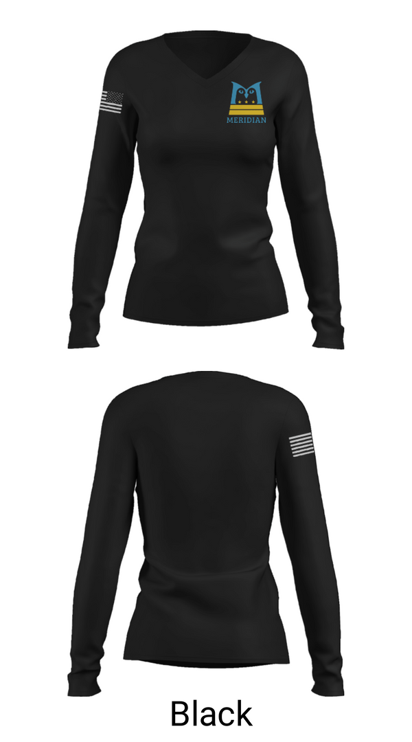 Women's Long Sleeve Vneck Shirt, Meridian Public Charter School, Spirit Store, Teamtime, Team time, sublimation, custom sports apparel, team uniforms, spirit wear, spiritwear, sports uniforms, custom shirts, team store, custom team store, fundraiser sports, apparel fundraiser