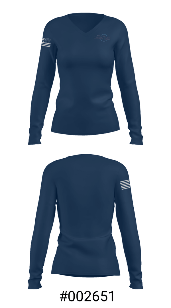 Women's Long Sleeve Vneck Shirt, Lima Christian School, Spirit Store, Teamtime, Team time, sublimation, custom sports apparel, team uniforms, spirit wear, spiritwear, sports uniforms, custom shirts, team store, custom team store, fundraiser sports, apparel fundraiser