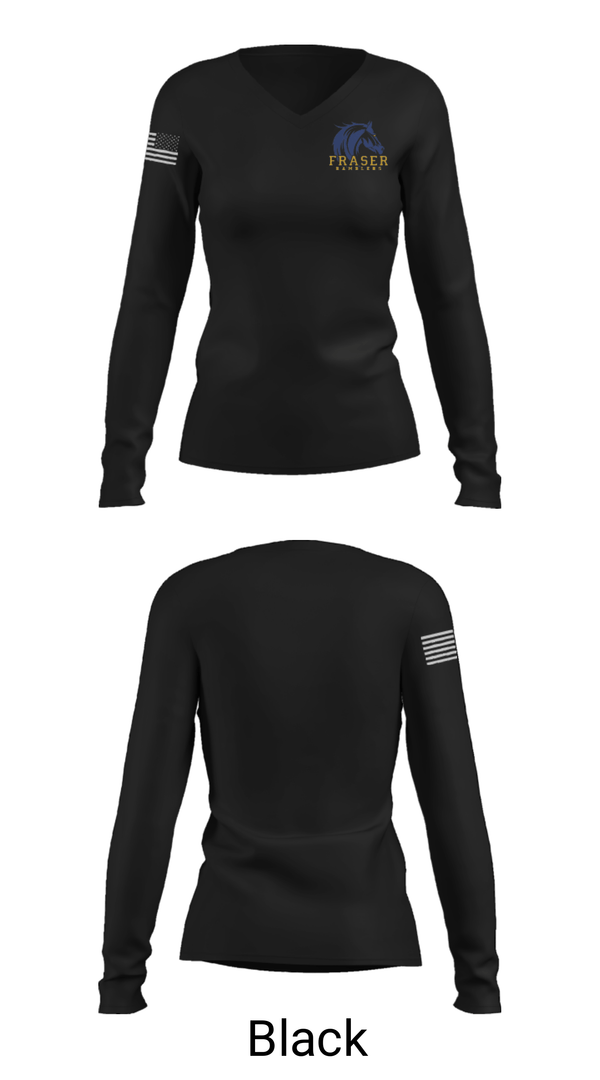 Women's Long Sleeve Vneck Shirt, Fraser High School Gymnastics, Spirit Store, Teamtime, Team time, sublimation, custom sports apparel, team uniforms, spirit wear, spiritwear, sports uniforms, custom shirts, team store, custom team store, fundraiser sports, apparel fundraiser