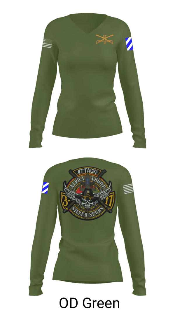Women's Long Sleeve Vneck Shirt, A/3-17 ACS, Army, Teamtime, Team time, sublimation, custom sports apparel, team uniforms, spirit wear, spiritwear, sports uniforms, custom shirts, team store, custom team store, fundraiser sports, apparel fundraiser