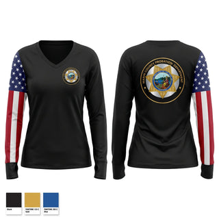 Womens Long Sleeve Vneck Shirt, Marin County Juvenile Hall, Police, Teamtime, Team time, sublimation, custom sports apparel, team uniforms, spirit wear, spiritwear, sports uniforms, custom shirts, team store, custom team store, fundraiser sports, apparel fundraiser