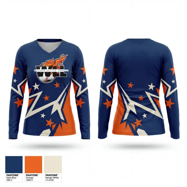 Womens Long Sleeve Vneck Shirt, Wilson Little League, Baseball, Teamtime, Team time, sublimation, custom sports apparel, team uniforms, spirit wear, spiritwear, sports uniforms, custom shirts, team store, custom team store, fundraiser sports, apparel fundraiser
