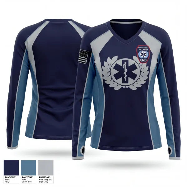 Womens Long Sleeve Vneck Shirt, Kerhonkson Accord First Aid Squad, EMS/EMT, Teamtime, Team time, sublimation, custom sports apparel, team uniforms, spirit wear, spiritwear, sports uniforms, custom shirts, team store, custom team store, fundraiser sports, apparel fundraiser