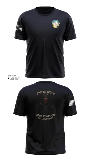 Old School Cotton Feel Shirt, 1-7 Cavlary Division Apache Troop Blue Platoon Recon Junkies, Army, Teamtime, Team time, sublimation, custom sports apparel, team uniforms, spirit wear, spiritwear, sports uniforms, custom shirts, team store, custom team store, fundraiser sports, apparel fundraiser