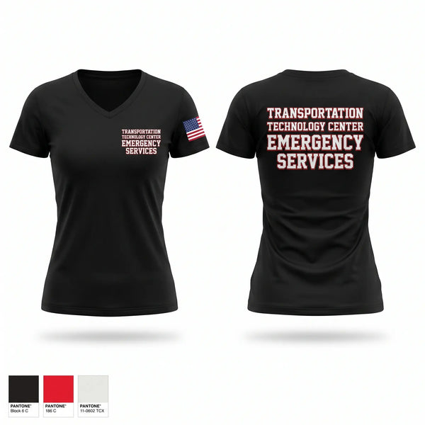 Womens Short Sleeve Vneck Shirt, Transportion Technology Center Emergency Services, Fire Department, Teamtime, Team time, sublimation, custom sports apparel, team uniforms, spirit wear, spiritwear, sports uniforms, custom shirts, team store, custom team store, fundraiser sports, apparel fundraiser