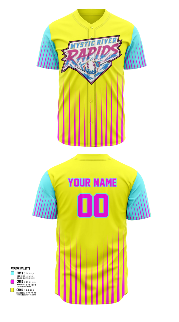 Full Button Baseball Jersey, Mystic River Rapids, Baseball, Teamtime, Team time, sublimation, custom sports apparel, team uniforms, spirit wear, spiritwear, sports uniforms, custom shirts, team store, custom team store, fundraiser sports, apparel fundraiser