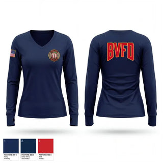 Womens Long Sleeve Vneck Shirt, Bloomfield Volunteer Fire Department, Fire Department, Teamtime, Team time, sublimation, custom sports apparel, team uniforms, spirit wear, spiritwear, sports uniforms, custom shirts, team store, custom team store, fundraiser sports, apparel fundraiser