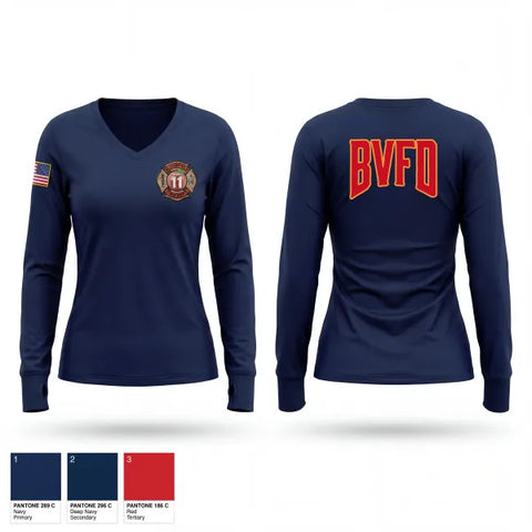 Womens Long Sleeve Vneck Shirt, Bloomfield Volunteer Fire Department, Fire Department, Teamtime, Team time, sublimation, custom sports apparel, team uniforms, spirit wear, spiritwear, sports uniforms, custom shirts, team store, custom team store, fundraiser sports, apparel fundraiser
