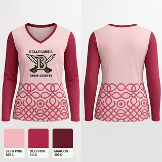 Womens Long Sleeve Vneck Shirt, Bellflower Cross Country, Cross Country, Teamtime, Team time, sublimation, custom sports apparel, team uniforms, spirit wear, spiritwear, sports uniforms, custom shirts, team store, custom team store, fundraiser sports, apparel fundraiser
