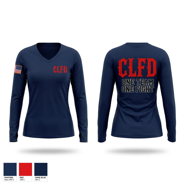 Womens Long Sleeve Vneck Shirt, CLFD, Fire Department, Teamtime, Team time, sublimation, custom sports apparel, team uniforms, spirit wear, spiritwear, sports uniforms, custom shirts, team store, custom team store, fundraiser sports, apparel fundraiser