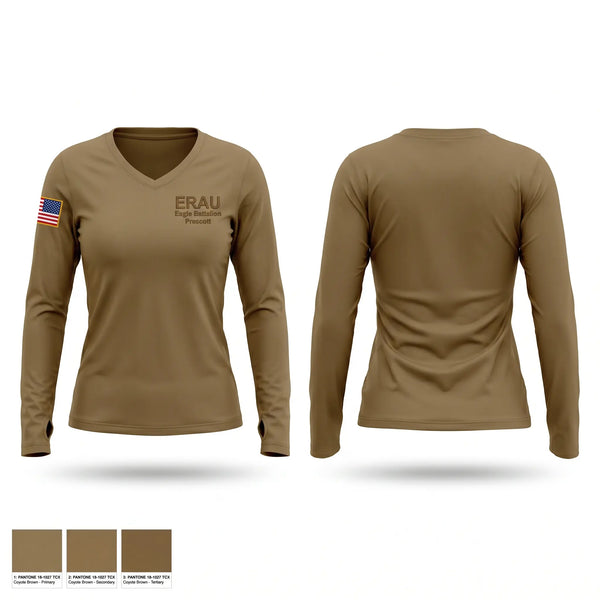 Womens Long Sleeve Vneck Shirt, ERAU Eagle Battalion Prescott, Army, Teamtime, Team time, sublimation, custom sports apparel, team uniforms, spirit wear, spiritwear, sports uniforms, custom shirts, team store, custom team store, fundraiser sports, apparel fundraiser