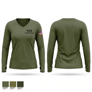 Womens Long Sleeve Vneck Shirt, 737 convoy ops, Army, Teamtime, Team time, sublimation, custom sports apparel, team uniforms, spirit wear, spiritwear, sports uniforms, custom shirts, team store, custom team store, fundraiser sports, apparel fundraiser