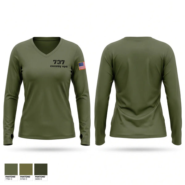 Womens Long Sleeve Vneck Shirt, 737 convoy ops, Army, Teamtime, Team time, sublimation, custom sports apparel, team uniforms, spirit wear, spiritwear, sports uniforms, custom shirts, team store, custom team store, fundraiser sports, apparel fundraiser