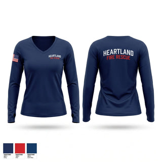 Womens Long Sleeve Vneck Shirt, Heartland Fire, Fire Department, Teamtime, Team time, sublimation, custom sports apparel, team uniforms, spirit wear, spiritwear, sports uniforms, custom shirts, team store, custom team store, fundraiser sports, apparel fundraiser