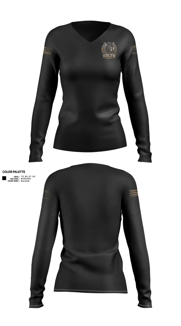 Womens Long Sleeve Vneck Shirt, Madigan pharmacy colts, Army, Teamtime, Team time, sublimation, custom sports apparel, team uniforms, spirit wear, spiritwear, sports uniforms, custom shirts, team store, custom team store, fundraiser sports, apparel fundraiser