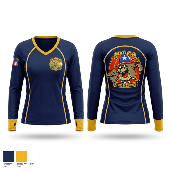 Womens Long Sleeve Vneck Shirt, Marion Fire Rescue, Fire Department, Teamtime, Team time, sublimation, custom sports apparel, team uniforms, spirit wear, spiritwear, sports uniforms, custom shirts, team store, custom team store, fundraiser sports, apparel fundraiser