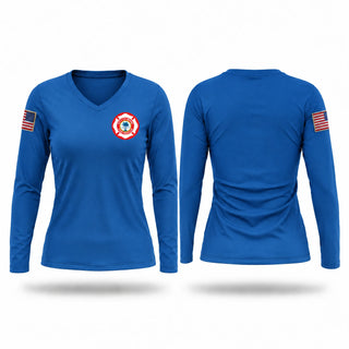 Womens Long Sleeve Vneck Shirt, Miami Fire Rescue, Fire Department, Teamtime, Team time, sublimation, custom sports apparel, team uniforms, spirit wear, spiritwear, sports uniforms, custom shirts, team store, custom team store, fundraiser sports, apparel fundraiser