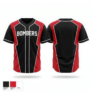 Full Button Baseball Jersey, Bombers, Baseball, Teamtime, Team time, sublimation, custom sports apparel, team uniforms, spirit wear, spiritwear, sports uniforms, custom shirts, team store, custom team store, fundraiser sports, apparel fundraiser