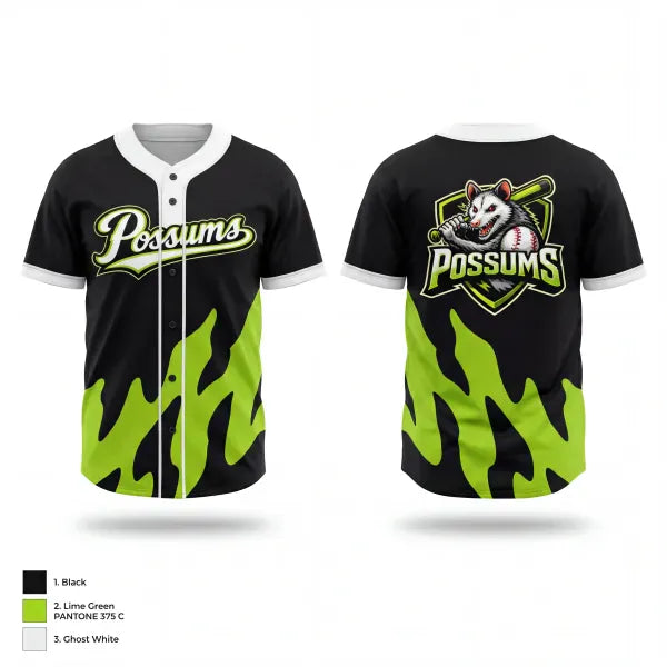 Full Button Baseball Jersey, Possums, Baseball, Teamtime, Team time, sublimation, custom sports apparel, team uniforms, spirit wear, spiritwear, sports uniforms, custom shirts, team store, custom team store, fundraiser sports, apparel fundraiser