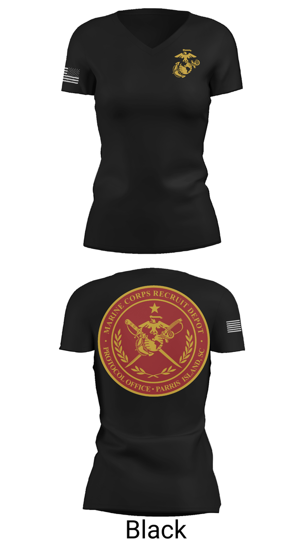 Womens Short Sleeve Vneck Shirt, MCRD Parris Island Protocol Office, Marines, Teamtime, Team time, sublimation, custom sports apparel, team uniforms, spirit wear, spiritwear, sports uniforms, custom shirts, team store, custom team store, fundraiser sports, apparel fundraiser