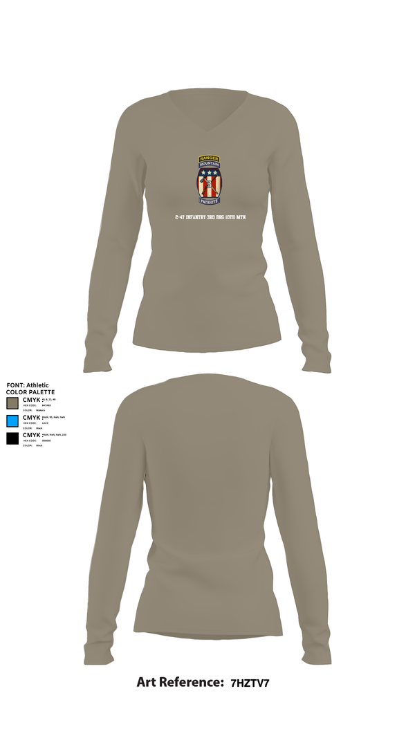 Womens Long Sleeve Vneck Shirt, 2-47 infantry 3rd BRG 10th MTN, Army, Teamtime, Team time, sublimation, custom sports apparel, team uniforms, spirit wear, spiritwear, sports uniforms, custom shirts, team store, custom team store, fundraiser sports, apparel fundraiser