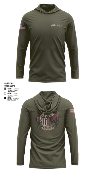 Long Sleeve Hooded Sun Shirt, Engine 1, Fire Department, Teamtime, Team time, sublimation, custom sports apparel, team uniforms, spirit wear, spiritwear, sports uniforms, custom shirts, team store, custom team store, fundraiser sports, apparel fundraiser
