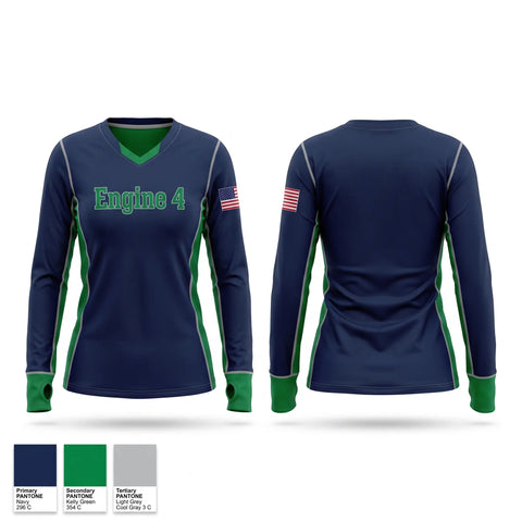 Womens Long Sleeve Vneck Shirt, Engine 4, Fire Department, Teamtime, Team time, sublimation, custom sports apparel, team uniforms, spirit wear, spiritwear, sports uniforms, custom shirts, team store, custom team store, fundraiser sports, apparel fundraiser