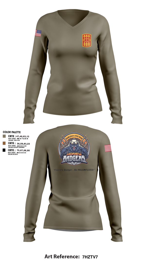 Womens Long Sleeve Vneck Shirt, Honey Badgers / 30X, Army, Teamtime, Team time, sublimation, custom sports apparel, team uniforms, spirit wear, spiritwear, sports uniforms, custom shirts, team store, custom team store, fundraiser sports, apparel fundraiser