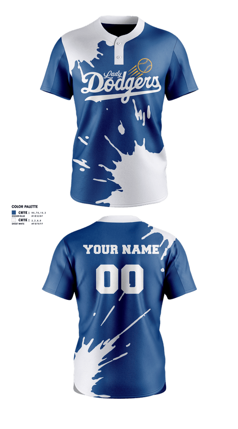 Two Button Softball Jersey, Lady Dodgers, Softball, Teamtime, Team time, sublimation, custom sports apparel, team uniforms, spirit wear, spiritwear, sports uniforms, custom shirts, team store, custom team store, fundraiser sports, apparel fundraiser