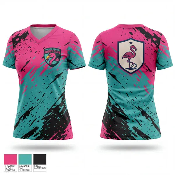 Womens Short Sleeve Vneck Shirt, NOCO Flamingos, Rugby, Teamtime, Team time, sublimation, custom sports apparel, team uniforms, spirit wear, spiritwear, sports uniforms, custom shirts, team store, custom team store, fundraiser sports, apparel fundraiser