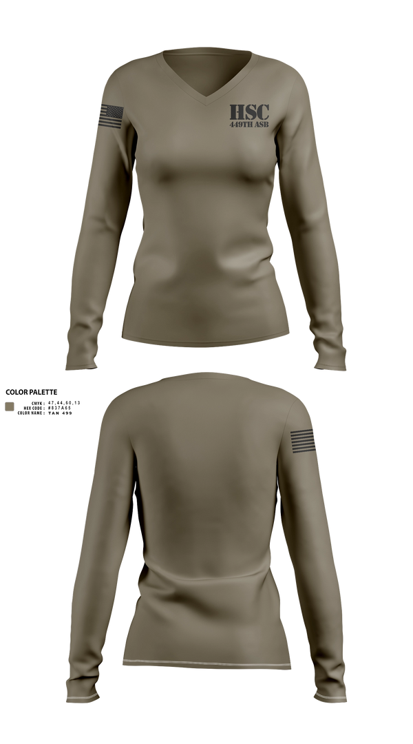 Womens Long Sleeve Vneck Shirt, HSC 449th ASB, National Guard, Teamtime, Team time, sublimation, custom sports apparel, team uniforms, spirit wear, spiritwear, sports uniforms, custom shirts, team store, custom team store, fundraiser sports, apparel fundraiser