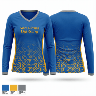 Womens Long Sleeve Vneck Shirt, San Dimas Lightning, Baseball, Teamtime, Team time, sublimation, custom sports apparel, team uniforms, spirit wear, spiritwear, sports uniforms, custom shirts, team store, custom team store, fundraiser sports, apparel fundraiser