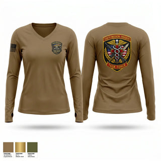 Womens Long Sleeve Vneck Shirt, 338th MED BDE, Army, Teamtime, Team time, sublimation, custom sports apparel, team uniforms, spirit wear, spiritwear, sports uniforms, custom shirts, team store, custom team store, fundraiser sports, apparel fundraiser