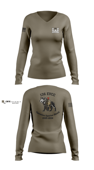 Womens Long Sleeve Vneck Shirt, 136 EVCC, Army, Teamtime, Team time, sublimation, custom sports apparel, team uniforms, spirit wear, spiritwear, sports uniforms, custom shirts, team store, custom team store, fundraiser sports, apparel fundraiser