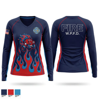 Womens Long Sleeve Vneck Shirt, West Park Volunteer Fire Dept., Fire Department, Teamtime, Team time, sublimation, custom sports apparel, team uniforms, spirit wear, spiritwear, sports uniforms, custom shirts, team store, custom team store, fundraiser sports, apparel fundraiser