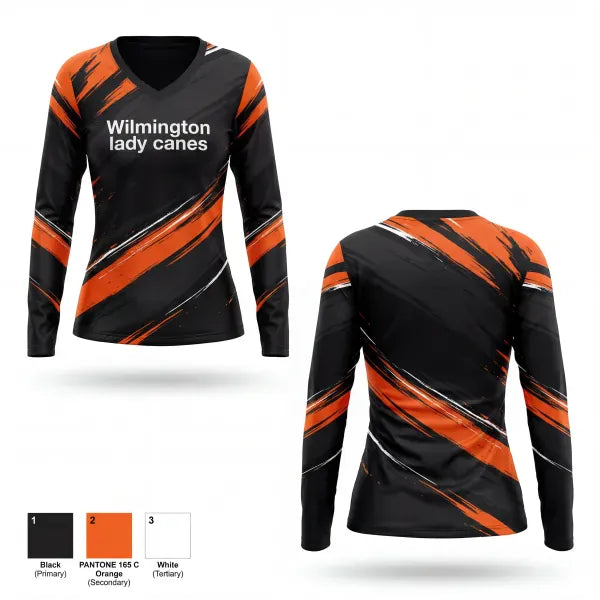 Womens Long Sleeve Vneck Shirt, Wilmington lady canes, Softball, Teamtime, Team time, sublimation, custom sports apparel, team uniforms, spirit wear, spiritwear, sports uniforms, custom shirts, team store, custom team store, fundraiser sports, apparel fundraiser