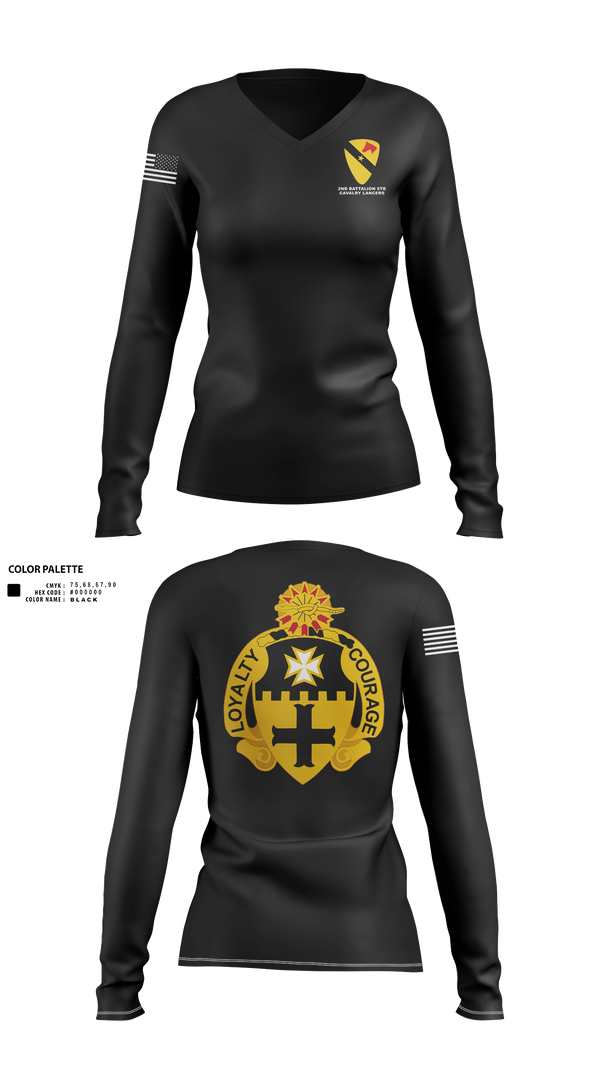 Womens Long Sleeve Vneck Shirt, 2-5 Cav Lancers, Army, Teamtime, Team time, sublimation, custom sports apparel, team uniforms, spirit wear, spiritwear, sports uniforms, custom shirts, team store, custom team store, fundraiser sports, apparel fundraiser