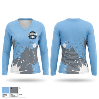 Womens Long Sleeve Vneck Shirt, Indy Showtime, Baseball, Teamtime, Team time, sublimation, custom sports apparel, team uniforms, spirit wear, spiritwear, sports uniforms, custom shirts, team store, custom team store, fundraiser sports, apparel fundraiser
