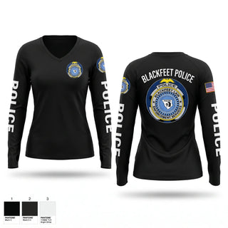 Womens Long Sleeve Vneck Shirt, Blackfeet Police, Police, Teamtime, Team time, sublimation, custom sports apparel, team uniforms, spirit wear, spiritwear, sports uniforms, custom shirts, team store, custom team store, fundraiser sports, apparel fundraiser
