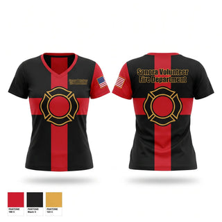 Womens Short Sleeve Vneck Shirt, Sonora Volunteer Fire Department, Fire Department, Teamtime, Team time, sublimation, custom sports apparel, team uniforms, spirit wear, spiritwear, sports uniforms, custom shirts, team store, custom team store, fundraiser sports, apparel fundraiser